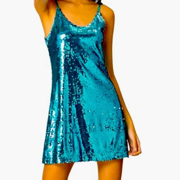 Allegra K Women's Glitter Sequin Spaghetti Strap V Neck Party Cocktail Sparkly Mini Dress Teal Blue Small Allegra K Women's Glitter Sequin Spaghetti Strap V Neck Party Cocktail Sparkly Mini Dress Teal Blue Small